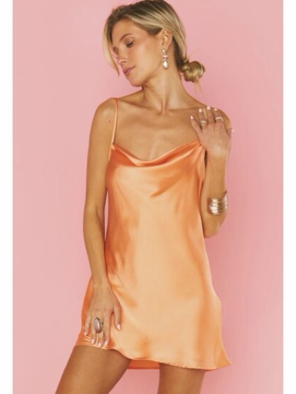 Show Me Your Mumu Sabine Mini Slip Dress
In Cantaloupe Luxe Satin